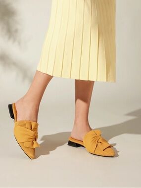 Vivaia Yaffa Pointed Toe Knot Sandals Low Heels Mustard Ginger Yellow